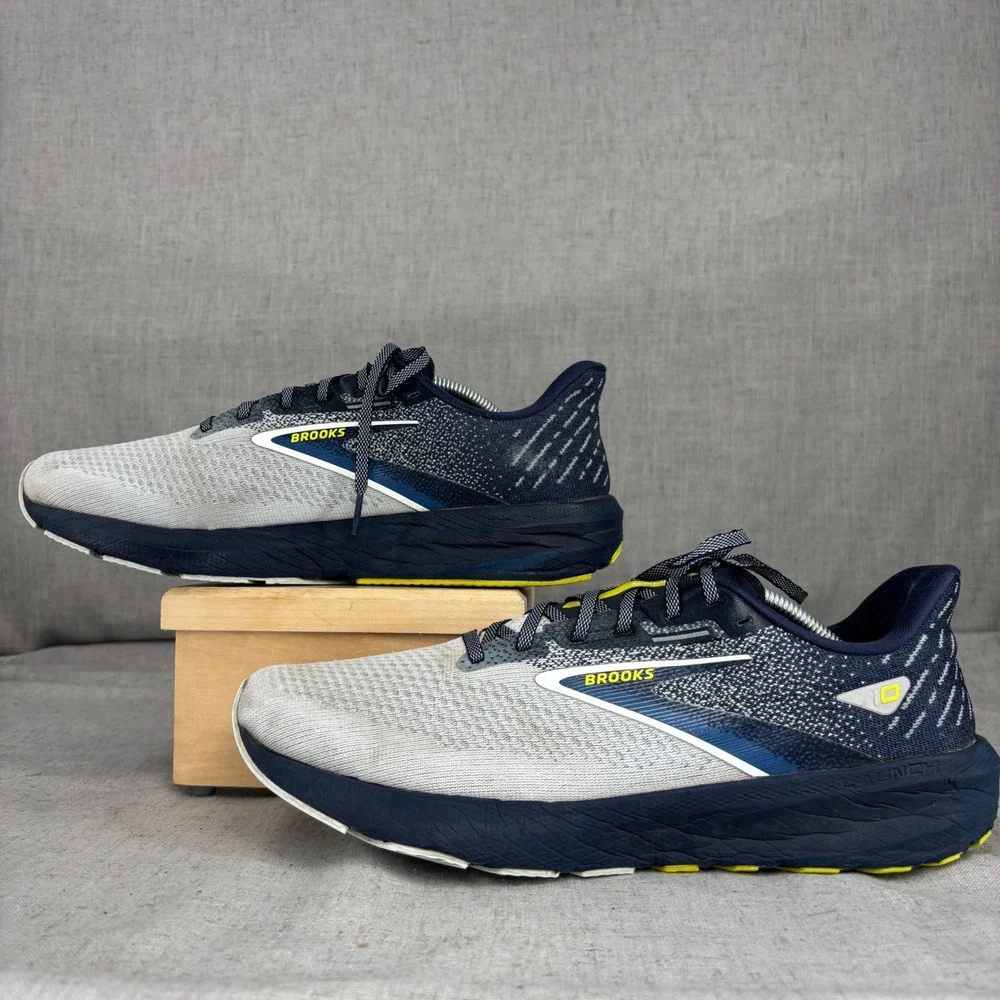 Brooks Launch 10 Shoes Navy Blue White Yellow Mesh Running Sneaker Men's Size 12